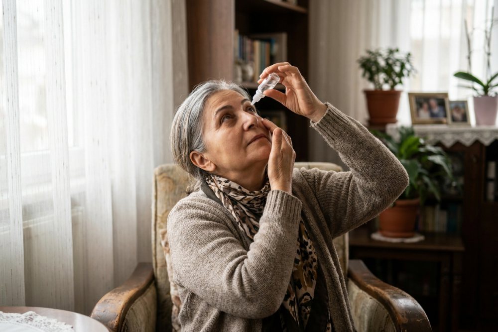 Yaşlı bir kadın başını geriye yatırıp alt göz kapağını çekerek göz damlası damlatıyor