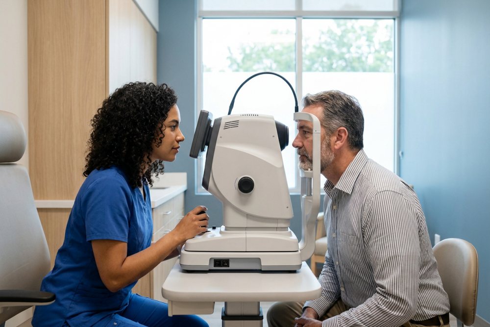 Göz kliniğinde fundus kamerası ile retina fotoğrafı çekimi