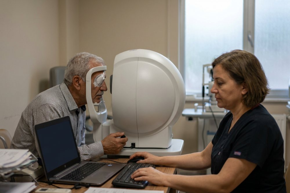 Kubbe biçimli görme alanı cihazına çenesini yaslamış yaşlı bir hasta ve yanında teknisyen
