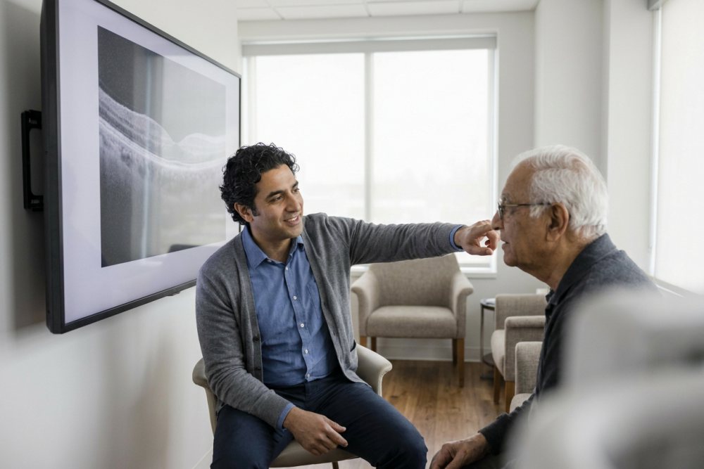 Hekimin ekranda retina kesit görüntüsünü yaşlı bir hastaya göstermesi