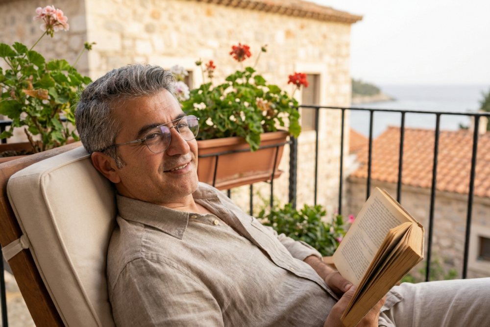 Balkonda okuma gözlüğüyle rahatça kitap okuyan adam