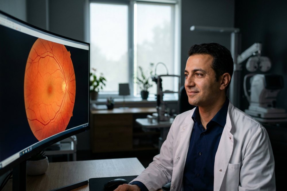 Göz hekimi bilgisayar ekranında retina görüntülerini inceliyor