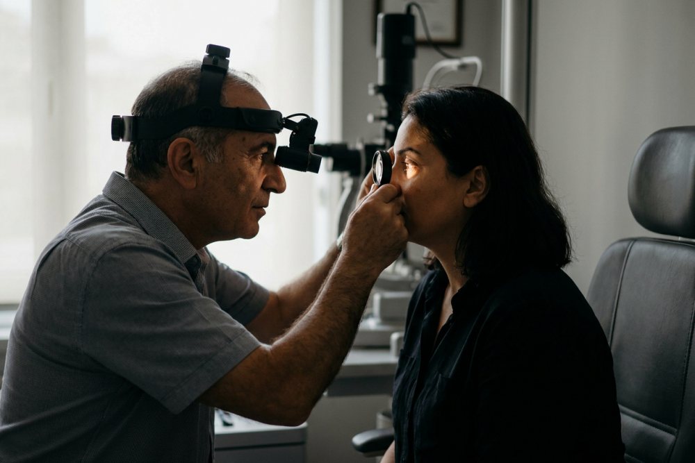 Göz hekimi hastanın retinasını muayene ediyor